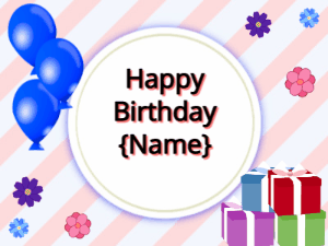 Happy Birthday GIF:blue Balloons, mix colors gift boxes, black text