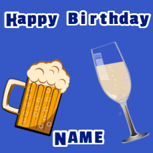 Happy Birthday GIF, birthday-10071 @ Editable GIFs, Birthday gif, mug & champagne, flares fireworks, cursive text on blue