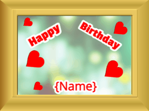 Happy Birthday GIF:Birthday picture: green hearts red block