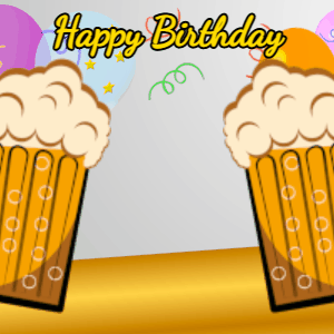 Happy Birthday GIF:Birthday gif fruity cake: balloon, stars