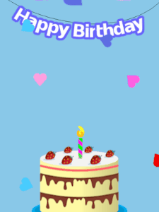 Happy Birthday GIF:Blue birthday GIF with a cream cake and hearts