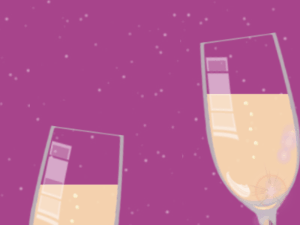 Happy Birthday GIF:Champagne noddle confetti,cursive font,party texture,on purple