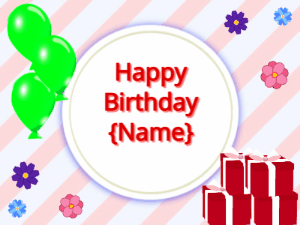 Happy Birthday GIF:green Balloons, red gift boxes, red text