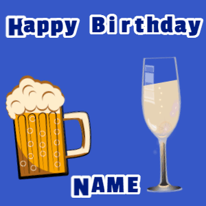 Happy Birthday GIF, birthday-10271 @ Editable GIFs, Birthday gif, mug & champagne, flares fireworks, cursive text on blue