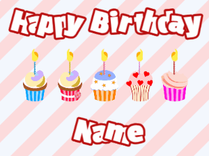 Happy Birthday GIF:Cupcakes for Birthday,stripes background,white & red text