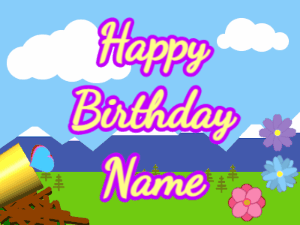 Happy Birthday GIF:Horn, hearts, mountains, cursive, yellow, purple