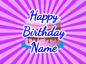 Happy Birthday GIF:purple sunburst,pink cake, blue text