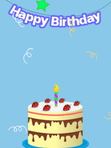 Happy Birthday GIF:Blue birthday GIF with a cream cake and stars