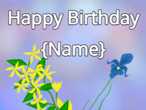 Happy Birthday GIF:Happy Birthday Flower GIF yellow & iris on a blue