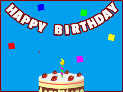 Happy Birthday GIF, birthday-10458 @ Editable GIFs, Acream cake on blue with red border & falling stars