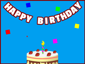 Happy Birthday GIF:A cream cake on blue with red border & falling stars