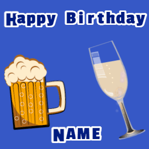 Happy Birthday GIF:Birthday gif, mug & champagne, flares fireworks, cursive text on blue