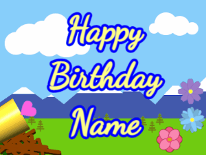 Happy Birthday GIF:Horn, hearts, mountains, cursive, yellow, blue