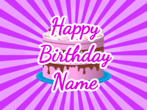 Happy Birthday GIF:purple sunburst,pink cake, purple text