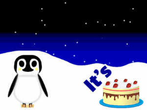 Happy Birthday GIF:Penguin: cream cake,yellow text,% 3 fireworks