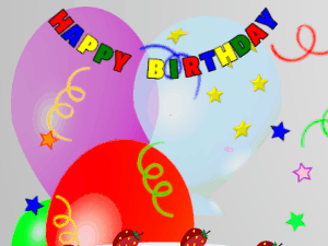 Happy Birthday GIF:cream Cake, flying mix on a balloon background