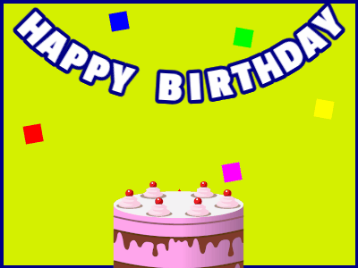Happy Birthday GIF, birthday-1058 @ Editable GIFs, Apink cake on green with blue border & falling squares