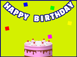 Happy Birthday GIF:A pink cake on green with blue border & falling squares