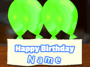 Happy Birthday GIF:blue & white Birthday GIF on bar room with green balloons