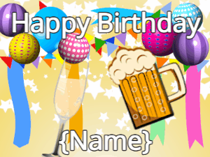 Happy Birthday GIF:Birthday cheers with champagne & beer & hearts on party