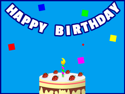 Happy Birthday GIF, birthday-10658 @ Editable GIFs, Acream cake on blue with blue border & falling squares