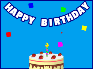Happy Birthday GIF:A cream cake on blue with blue border & falling squares