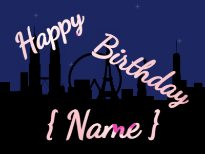 Happy Birthday GIF, birthday-10661 @ Editable GIFs, City fireworks of stars. Fonts cursive & cursive, & a pink texture