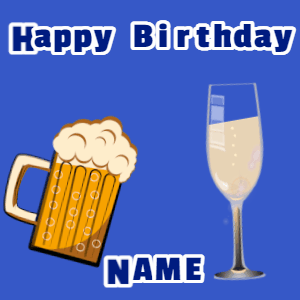 Happy Birthday GIF, birthday-10671 @ Editable GIFs, Birthday gif, mug & champagne, hearts fireworks, cursive text on blue
