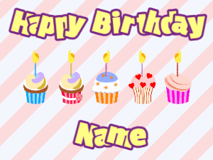 Happy Birthday GIF:Cupcakes for Birthday,stripes background,beige & purple text