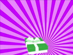 Happy Birthday GIF:green Gift box, purple sunburst, happy faces & cursive