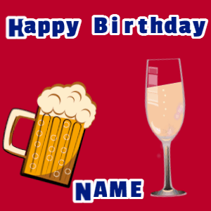 Happy Birthday GIF, birthday-1071 @ Editable GIFs, Birthday gif, mug & champagne, hearts fireworks, block text on red