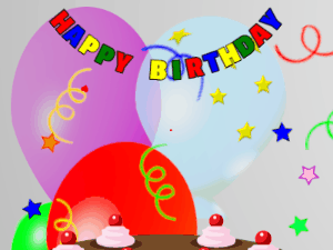 Happy Birthday GIF:chocolate Cake, flying hearts on a balloon background