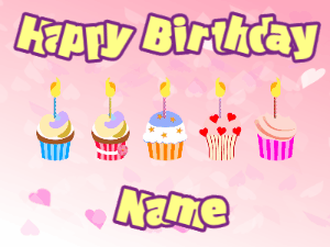 Happy Birthday GIF:Cupcakes for Birthday,pink hearts background,beige & purple text
