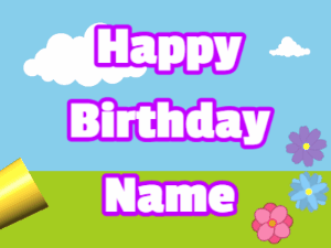 Happy Birthday GIF:Horn, stars, meadow, block, white, purple