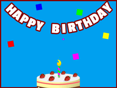 Happy Birthday GIF, birthday-10858 @ Editable GIFs, Acream cake on blue with red border & falling squares