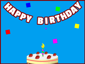 Happy Birthday GIF:A cream cake on blue with red border & falling squares
