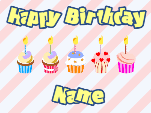 Happy Birthday GIF:Cupcakes for Birthday,stripes background,beige & navy text