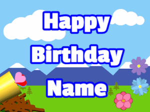 Happy Birthday GIF:Horn, hearts, mountains, block, white, blue