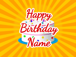 Happy Birthday GIF:yellow sunburst,candy cake, red text