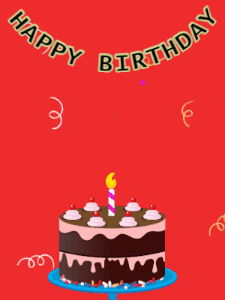 Happy Birthday GIF:Birthday GIF,chocolate cake,red background,hearts & confetti