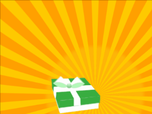 Happy Birthday GIF:green Gift box, yellow sunburst, happy faces & cursive