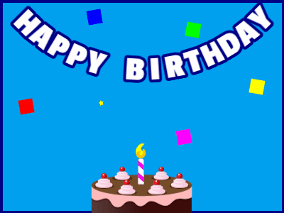 Happy Birthday GIF, birthday-11058 @ Editable GIFs, Achocolate cake on blue with blue border & falling hearts