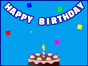 Happy Birthday GIF:A chocolate cake on blue with blue border & falling hearts