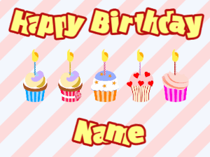 Happy Birthday GIF:Cupcakes for Birthday,stripes background,beige & red text