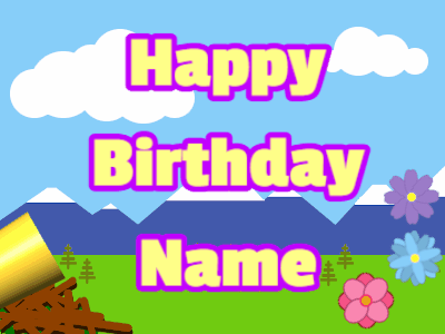 Happy Birthday GIF, birthday-11084 @ Editable GIFs, Horn, hearts, mountains, block, yellow, purple