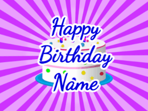 Happy Birthday GIF:purple sunburst,candy cake, blue text