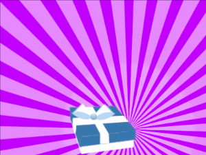 Happy Birthday GIF:blue Gift box, purple sunburst, flowers & cursive