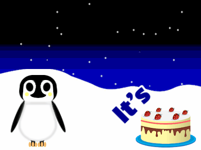 Happy Birthday, birthday-11130 @ Editable GIFs, Penguin: chocolate cake,orange text,% 3 fireworks