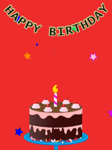 Happy Birthday GIF:Birthday GIF,chocolate cake,red background,hearts & stars