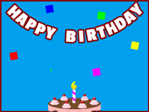 Happy Birthday GIF:A chocolate cake on blue with red border & falling hearts